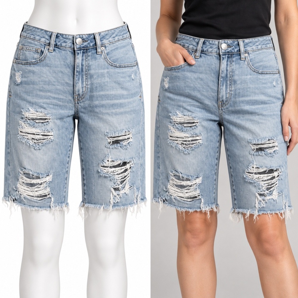 American Eagle Denim Tomgirl Bermuda Shorts 2 Blue Distressed Ripped Raw Hem